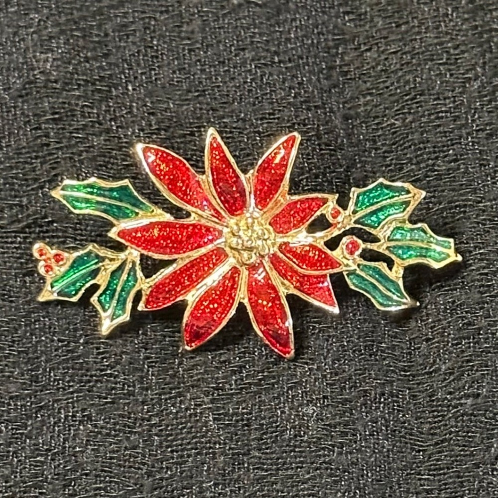 Vintage Poinsettia Brooch Red Green Enamel Rhinestone Christmas Pin Thailand